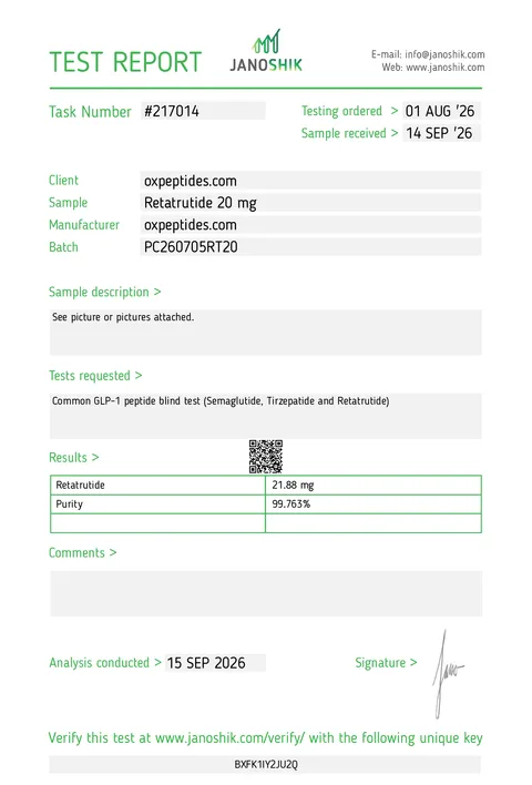 Janoshik-testrapport nr. 217014, Retatrutide 20 mg