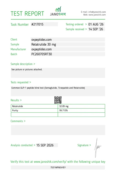 Janoshik-testrapport nr. 217015, Retatrutide 30 mg