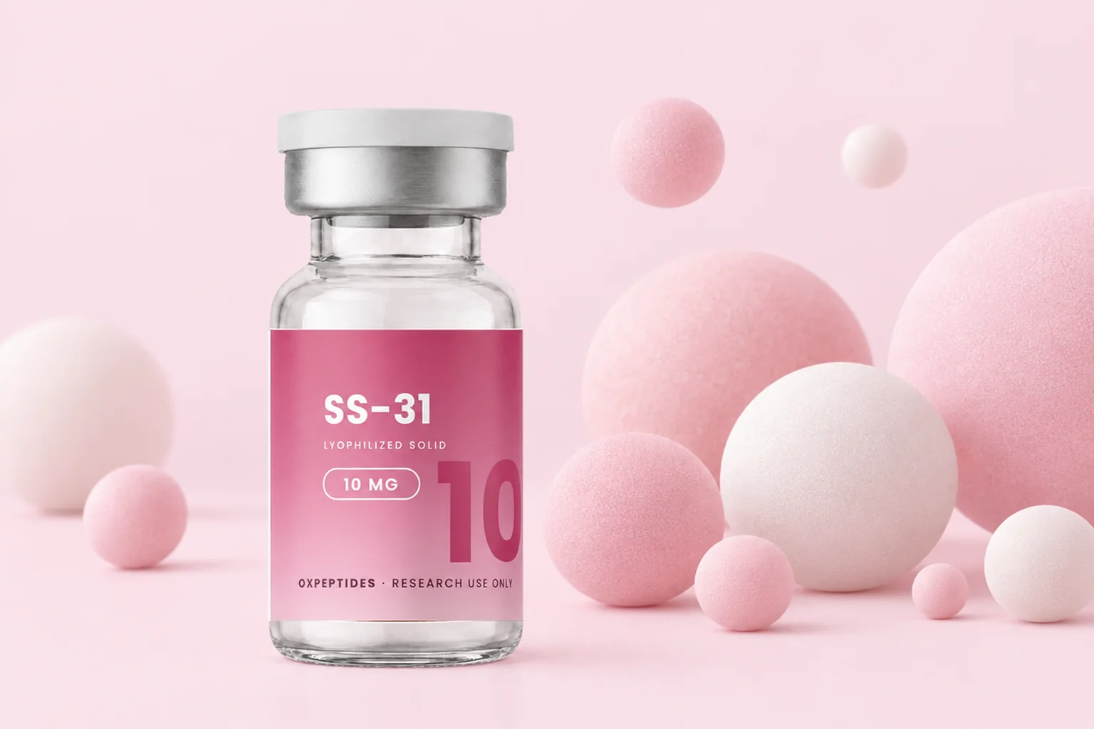 SS-31 10 mg gelyofiliseerde flacon tussen zachte pastelroze bollen
