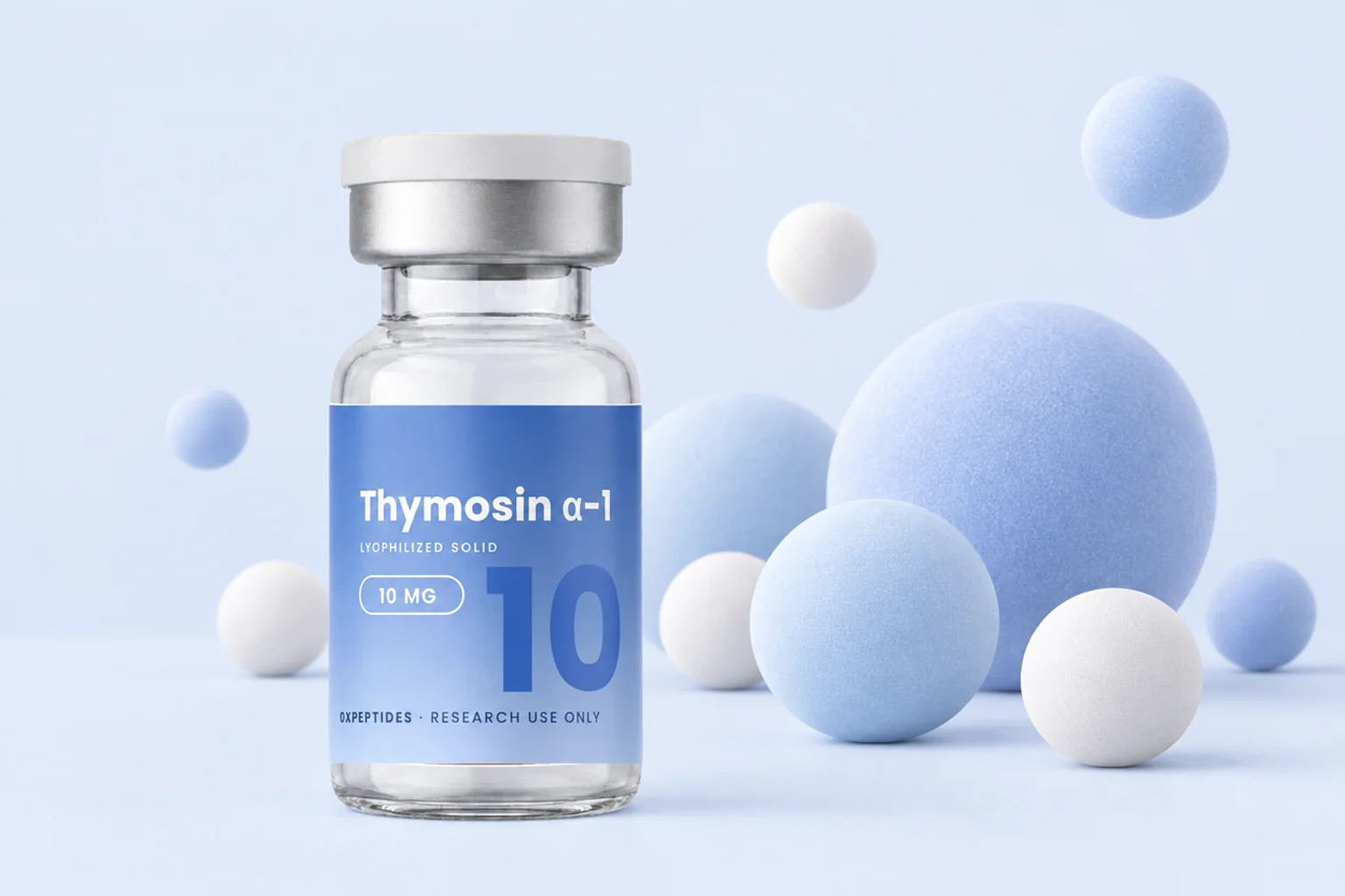 Thymosin alpha-1 10 mg gelyofiliseerde flacon tussen zachte pastelblauwe bollen