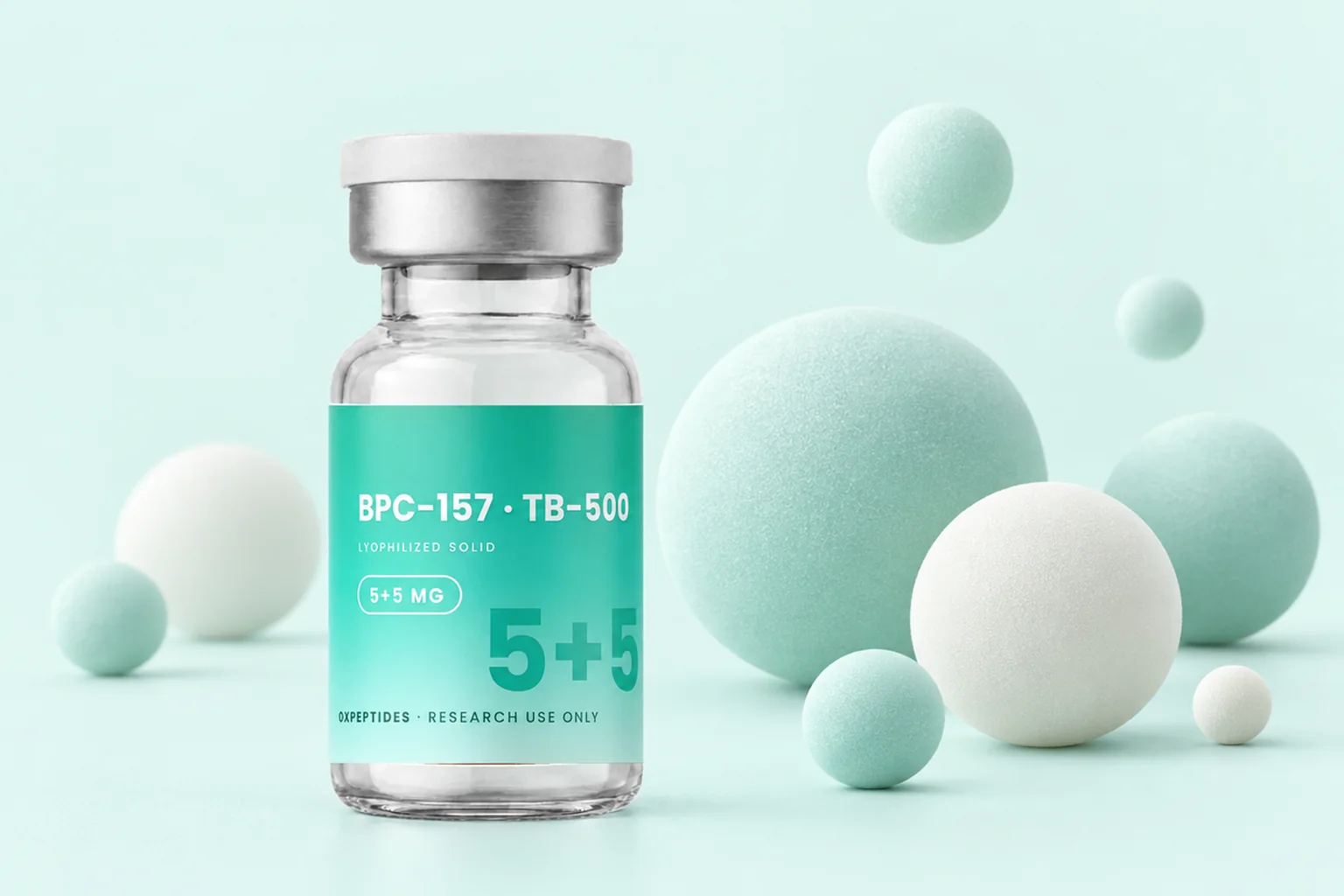 BPC-157 / TB-500 5 + 5 mg blendflacon, de zogeheten Wolverine-peptide, tussen zachte pastel-mintbollen