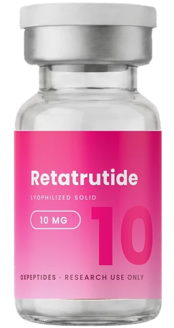 Retatrutide 10 mg — gelyofiliseerde onderzoekspeptide, OXpeptides-flacon