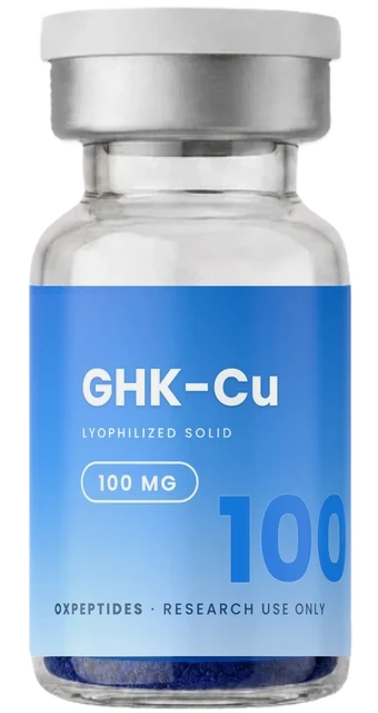 GHK-Cu 100 mg — verzegelde gelyofiliseerde flacon, GHK-Cu etiket