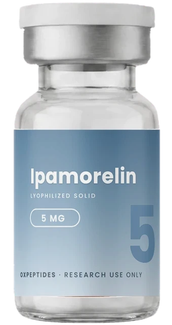 Ipamorelin 5 mg, gelyofiliseerd onderzoekspeptide, flacon van OXpeptides