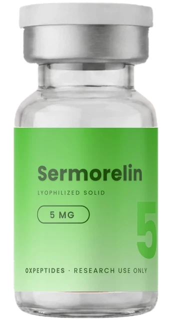 Sermorelin 5 mg — verzegelde gelyofiliseerde flacon, Sermorelin etiket